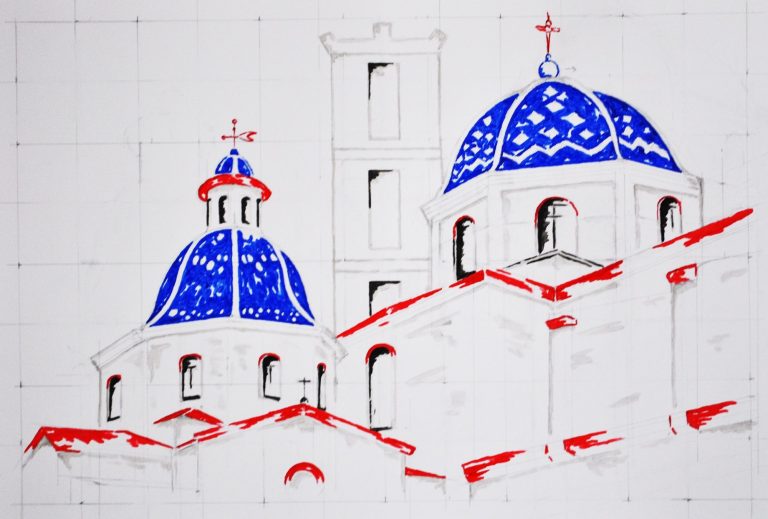 Kerkje Altea - Alicante. Tekening van kunstenaar Jozef Bloks